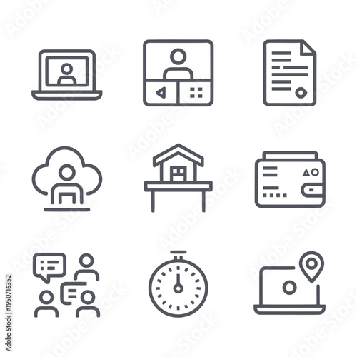 A clean, modern set of nine vector line icons representing various business and technology concepts, perfect for digital interfaces and presentations.