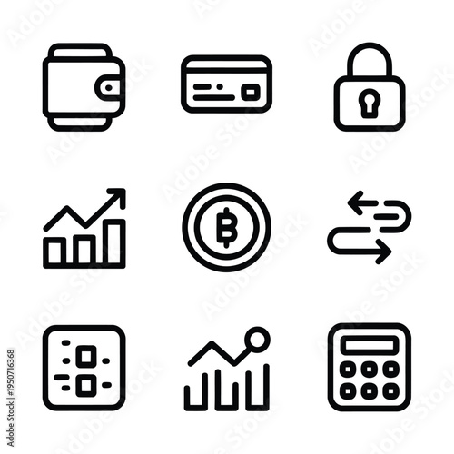 A collection of nine financial and business-related icons, presented in a clean, modern line art style, illustrating concepts like digital wallets, credit cards, security, and market analysis.