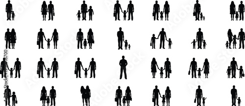Black silhouette set of diverse families including parents holding hands with children, couples with kids, and single parents isolated on white background for lifestyle.