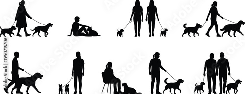 Black silhouette set of diverse people walking dogs, pet owners sitting with puppies, men and women exercising with canine companions isolated on white background.