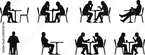 Black silhouette set of people sitting at cafe tables including couples talking, friends eating, and lonely individuals isolated on white background for vector design.