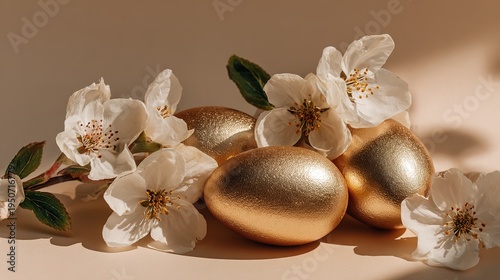 Elegant speckled Easter eggs with white cherry blossoms on beige background, spring holiday still life