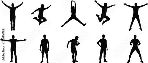 Collection of energetic men and women silhouettes jumping in air and celebrating success with raised arms for happiness, freedom, and active lifestyle concepts