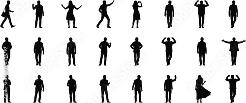 Large collection of black people silhouettes standing in various poses and actions including walking, waving, and gesturing isolated on white background for vector design.