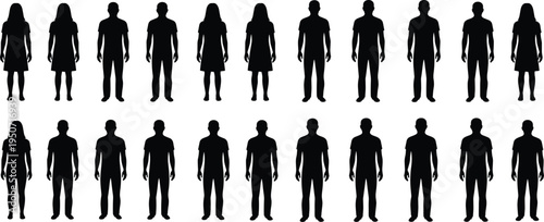 Large group of front facing male and female human silhouettes standing in rows isolated on white background for demographic community population and social diversity concepts