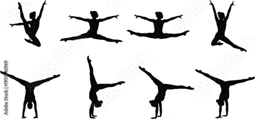Massive collection of black silhouettes featuring a diverse crowd of professional gymnasts performing acrobatic poses isolated on white background for creative sports projects