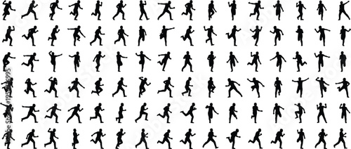 Massive collection of black silhouettes featuring a diverse group of active children running jumping and playing in various motion poses isolated on white background for design