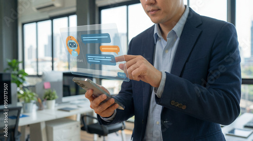 Businessman using AI assistant chatbot on smartphone for business automation