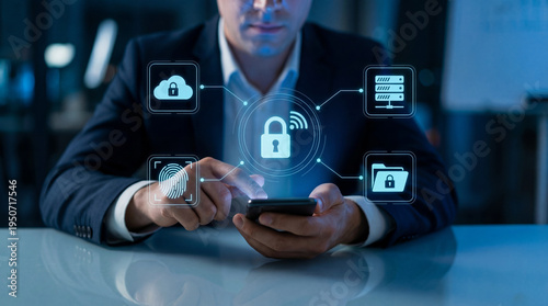 Businessman managing cybersecurity and cloud data protection at night