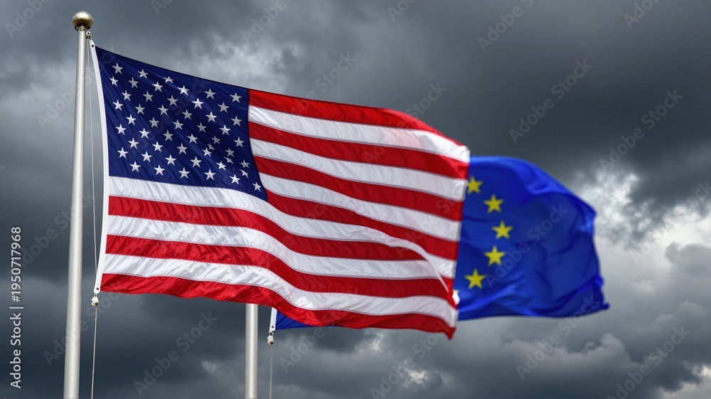 Obraz premium US and EU flags waving against a stormy sky symbolizing political tensions and uncertain international relations