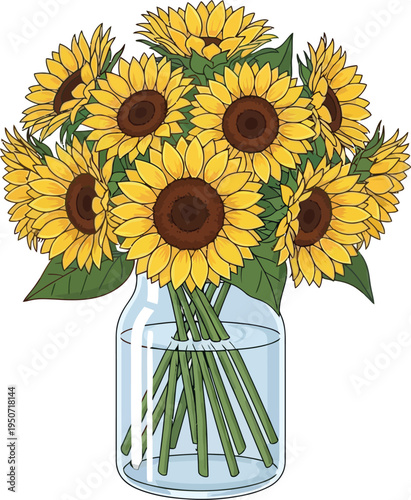Vibrant bouquet of sunflowers is displayed in a clear glass water vase.