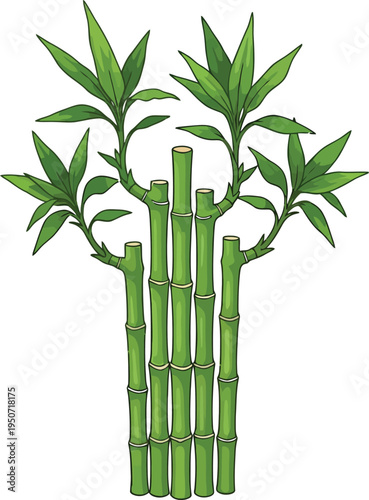 Stylized arrangement of five green bamboo stalks topped with vibrant leafy.