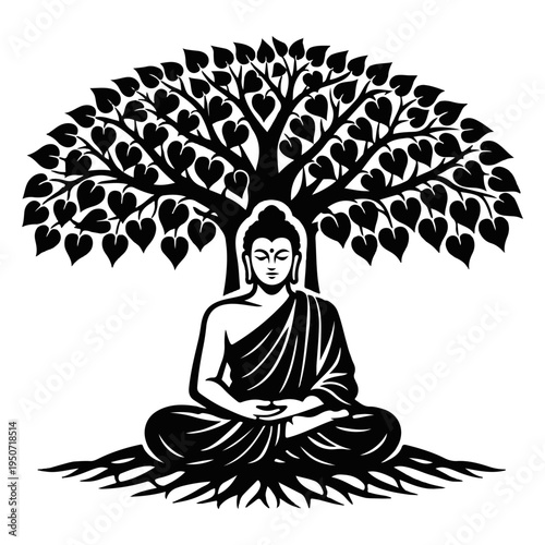 Silhouette of Buddha meditating in lotus pose under the Bodhi tree, black and white vector illustration.