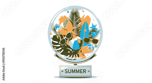 Summer globe icon with tropical leaves and animals vector