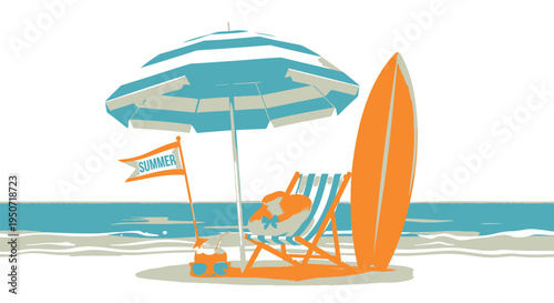 Beach scene with surfboard, chair, umbrella vector