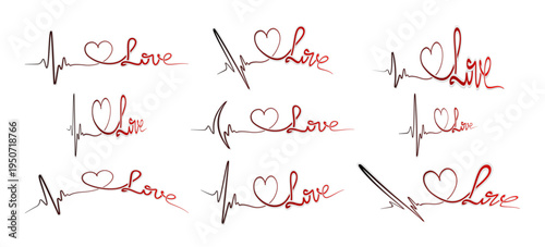 Set of continuous line heartbeat pulse, heart and Love word sticker variations