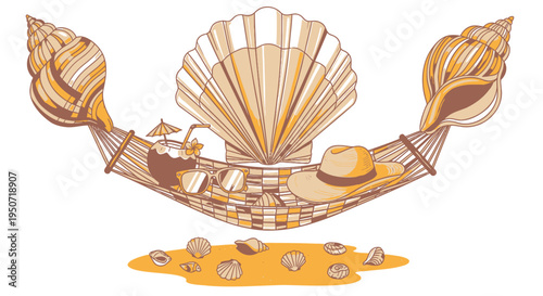 Vector illustration of beach summer accessories in a scallop shell