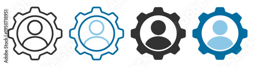 User profile gear icon in flat, outline, and solid styles on transparent background