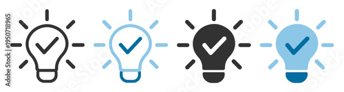 Light bulb idea icon with check mark symbol on transparent background
