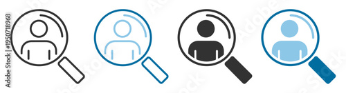 Person search icon with magnifier and user profile symbol on transparent background