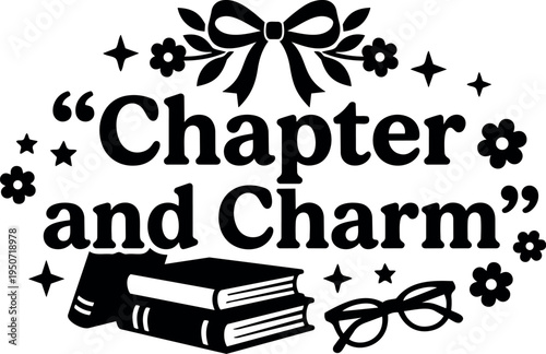 Black and white charming vector art of books reading glasses and decorative ribbon with floral elements and stars