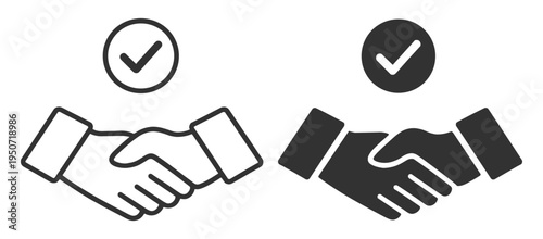 Handshake and approval icon in outline style on transparent background