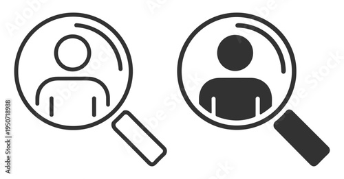 Person search magnifier icon with user profile outline and filled style on transparent background