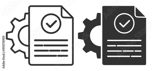 Two document icons with gear and check mark symbol flat on transparent background