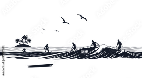 Black and white vector surfing illustration with surfers, waves, palm trees, and seagulls
