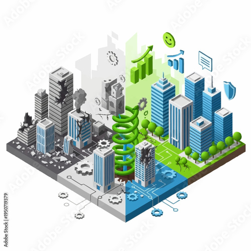 Isometric illustration depicting urban transformation from decay to a sustainable, technologically advanced city.