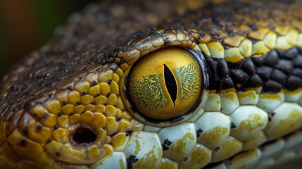 Snake Eye Macro. Macro photograph of a snake eye showing detailed textured scales and a bright yellow-green iris with vertical pupil, natural lighting highlighting reptile skin patterns, realistic wil