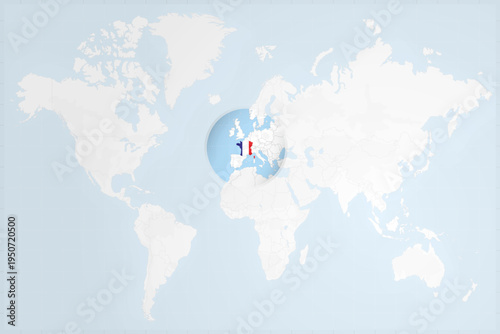 France Map with Flag in Magnifying Glass on World Map Background