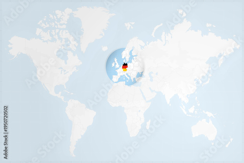 Germany Map with Flag in Magnifying Glass on World Map Background