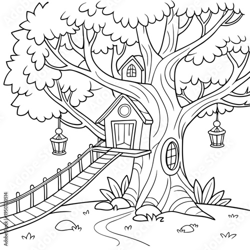 Tiny Cozy Treehouse  Hand-Drawn Coloring Page
