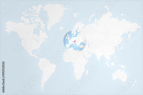Austria Map with Flag in Magnifying Glass on World Map Background