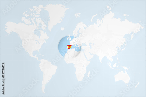 Spain Map with Flag in Magnifying Glass on World Map Background