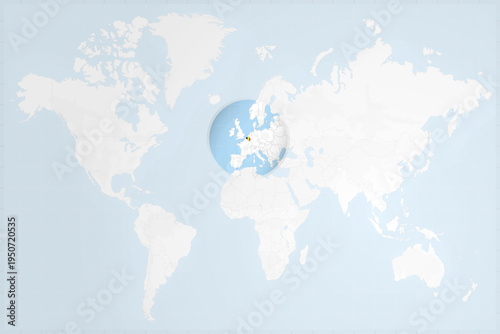 Belgium Map with Flag in Magnifying Glass on World Map Background