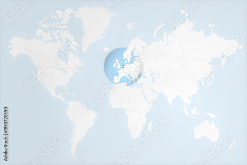 Netherlands Map with Flag in Magnifying Glass on World Map Background
