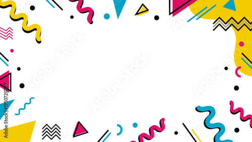 Colorful Memphis style geometric frame with copy space