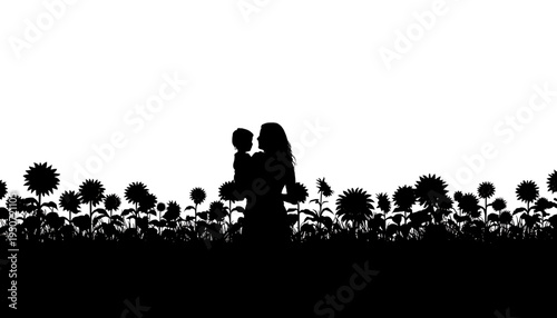 silhouette Mother and child standing in a field of sunflowers black against a white background symbolizing love and nature
