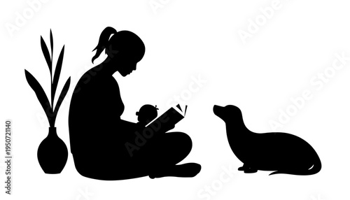silhouette Mother reading to child with seal looking on sitting cross legged beside plant