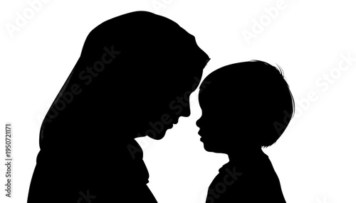 silhouette Mother and baby face to face in loving black against white background