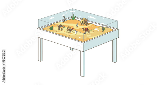 Miniature desert diorama with camels, cacti, and a small village displayed in a glass case on a white table