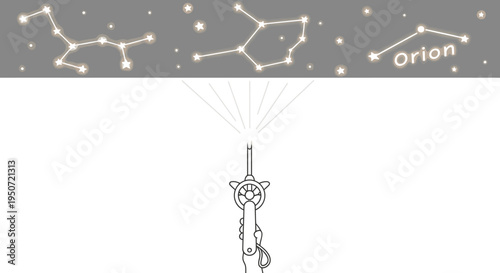 Stylized illustration of a telescope pointing at constellations in the night sky, including Orion, symbolizing discovery and wonder.