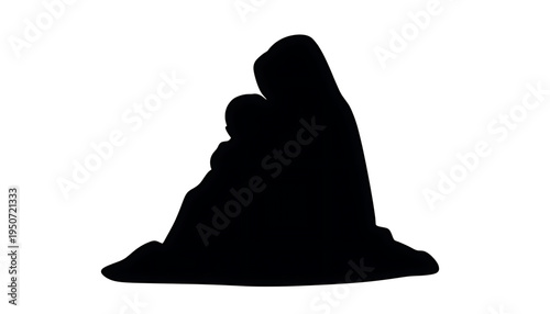 silhouette Mother tenderly covering her child with her body for protection and warmth in a dark
