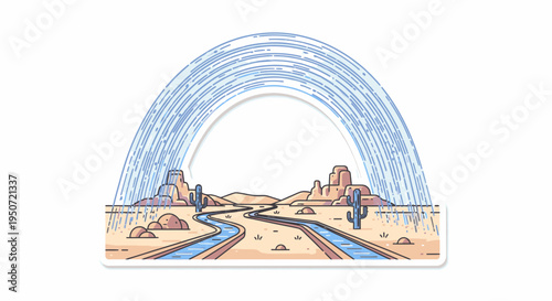 Stylized desert landscape with a winding river, cacti, mesas, and a large blue rainbow arching over the scene.