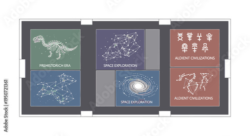 Collection of panels depicting paleontology, space exploration, and ancient civilizations with illustrations and symbols.