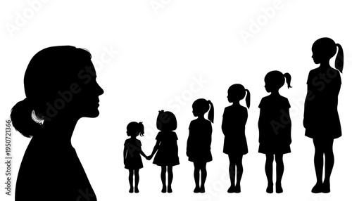 silhouette Mother watching over children growing up in vector art family concept