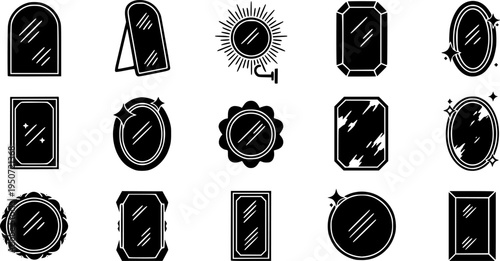 Mirror Reflective Surface Design Bold Line Icons-Arched Mirror Leaning Circular Mirror Wall Sunburst Mirror Beveled Edge Frameless Mirror Antiqued Mirror-15 Mirror Design Icon Set Vector - Reflective