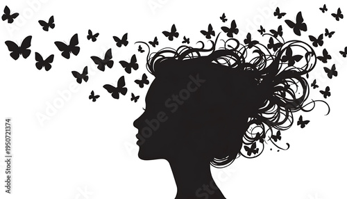 silhouette Woman's profile with butterflies flying out of curly hair on white background symbolizing freedom and creativity